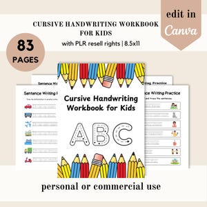 Puede incluir: Una portada de cuaderno de ejercicios colorida con el título "Cursive Handwriting Workbook for Kids" y las letras "ABC" en línea punteada. La portada presenta una fila de lápices con gomas de borrar rojas, amarillas y azules. El texto "83 Pages" está en un círculo en la esquina superior izquierda de la imagen.