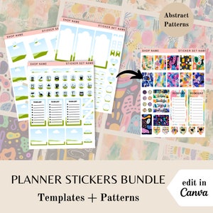 Planner sticker bundle abstract, Canva template frames, abstract colorful PNG, done for you stickers, editable sticker sheet, commercial use