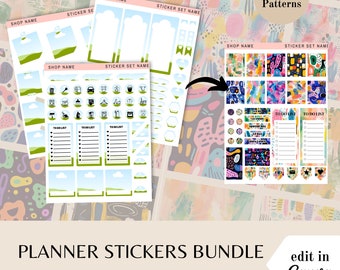 Planner sticker bundle abstract, Canva template frames, abstract colorful PNG, done for you stickers, editable sticker sheet, commercial use