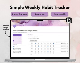 Notion template, simple weekly habit tracker template, beginner notion template, to do list template, digital template, purple color theme