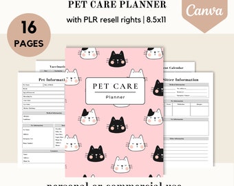 PLR Pet care planner, cat dog Canva template, PLR editable canva template, done for you journal planner, commercial use resell rights