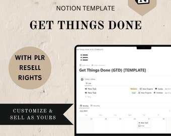 Plantilla PLR Get Things Done Notion, plantilla GTD, planificador de seguimiento de tareas, planificador de proyectos Notion, rastreador de objetivos, derechos de reventa para uso comercial