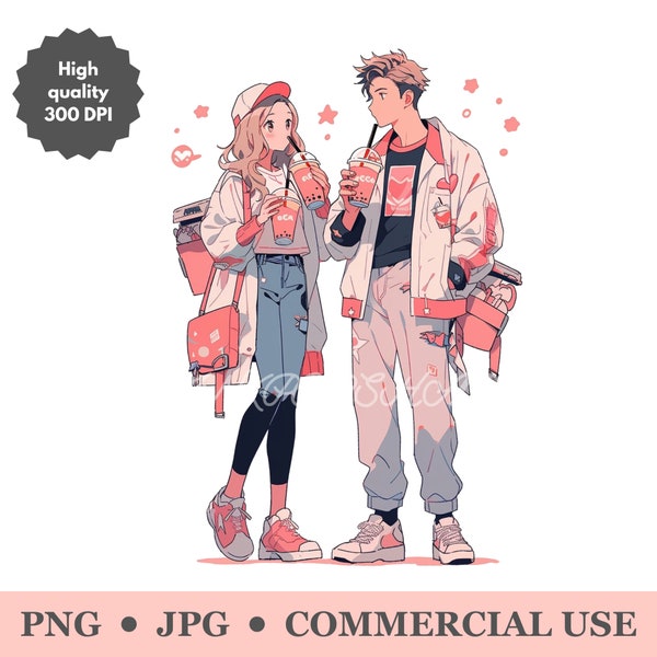 Anime couple in pink drinking milk tea PNG clipart, cartoon commercial use image JPG, woman man kawaii illustration picture, t-shirt design