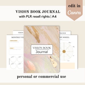 May include: A vision book journal with a pink, gold, and white abstract background. The journal includes sections for monthly vision, envisioning, and a life wheel tracker. The text "VISION BOOK JOURNAL" is printed in black on a white rectangle. The text "personal or commercial use" is printed in black at the bottom of the image.