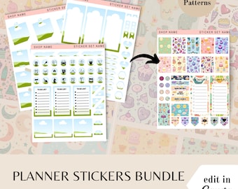 Planner sticker bundle, Canva template frames, kawaii birthday pattern images, done for you stickers, editable sticker sheet, commercial use