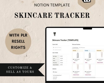 May include: A laptop computer screen displaying a Notion template for a skincare tracker. The template includes sections for a skin profile, wishlist, and skincare routine. The template is titled "Skincare Tracker [TEMPLATE]" and is designed to help users track their skincare products and routines.