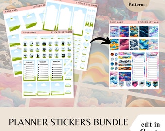 Abstract waves planner sticker bundle abstract, Canva template frames, PNG, done for you stickers, editable sticker sheet, commercial use