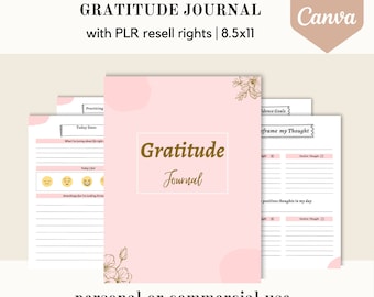 PLR Gratitude journal, Canva template, mental health habit PLR planner, editable canva template, done for you, commercial use resell rights