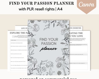 PLR Find your passion planner, life purpose journal, editable Canva template, done for you mission planner, commercial use resell rights