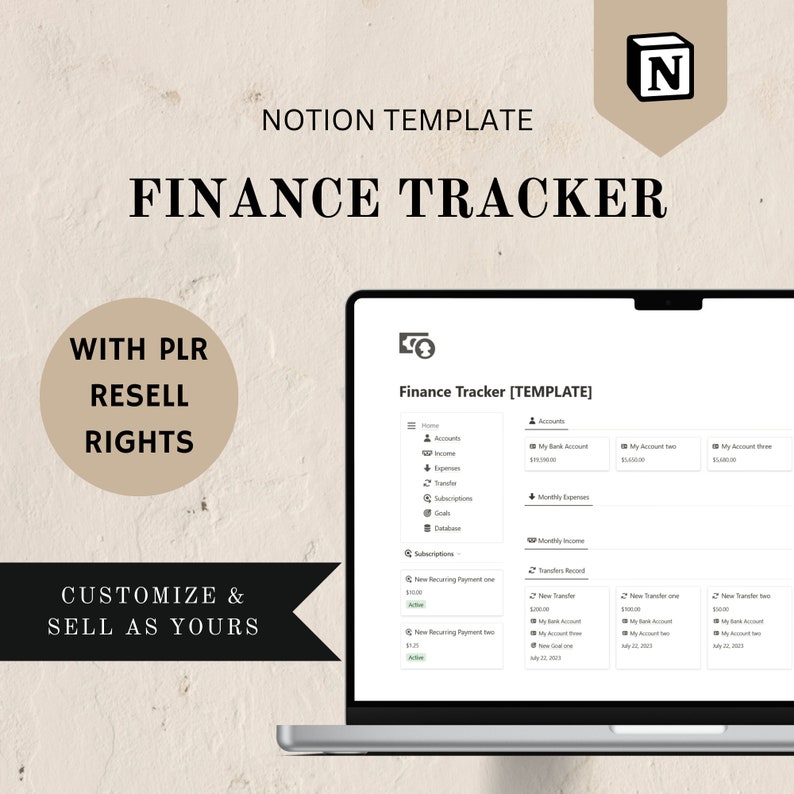 Puede incluir: Una pantalla de computadora port&aacute;til que muestra una plantilla de Notion para un rastreador de finanzas. La plantilla incluye secciones para cuentas, ingresos, gastos, transferencias, suscripciones, objetivos y una base de datos. El texto "Finance Tracker [TEMPLATE]" se muestra en la parte superior de la pantalla.