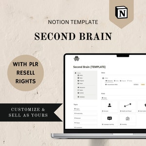 May include: A laptop computer screen displaying a Notion template for a second brain system. The template is organized into sections for inbox, topics, and areas. The template includes categories for productivity, business, fitness, and investment. The template is titled "Second Brain [TEMPLATE]" and includes a small icon of a hat with a monocle.