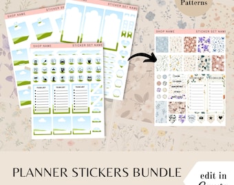 Floral planner sticker bundle, Canva template frames, flowers pattern images, done for you stickers, editable sticker sheet, commercial use