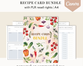 PLR Recipe card bundle, meals Canva template, PLR editable canva template, done for you food planner, groceries commercial use resell rights