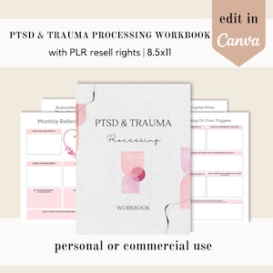 May include: A pink and white workbook with the title "PTSD & Trauma Processing Workbook" and the text "personal or commercial use".
