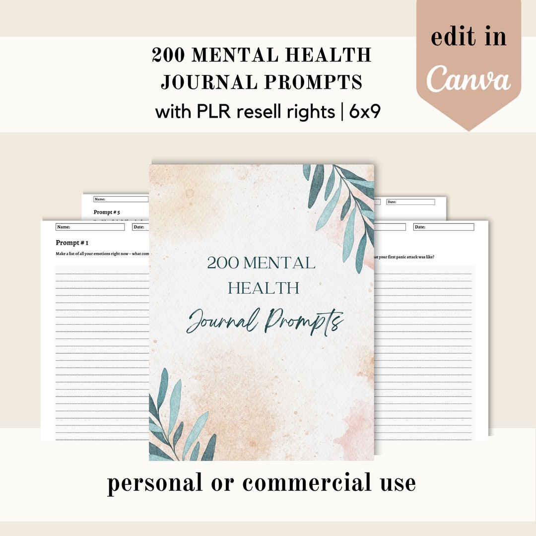 PLR 200 Mental Health Journal Prompts, Canva Template, Mindset Editable ...