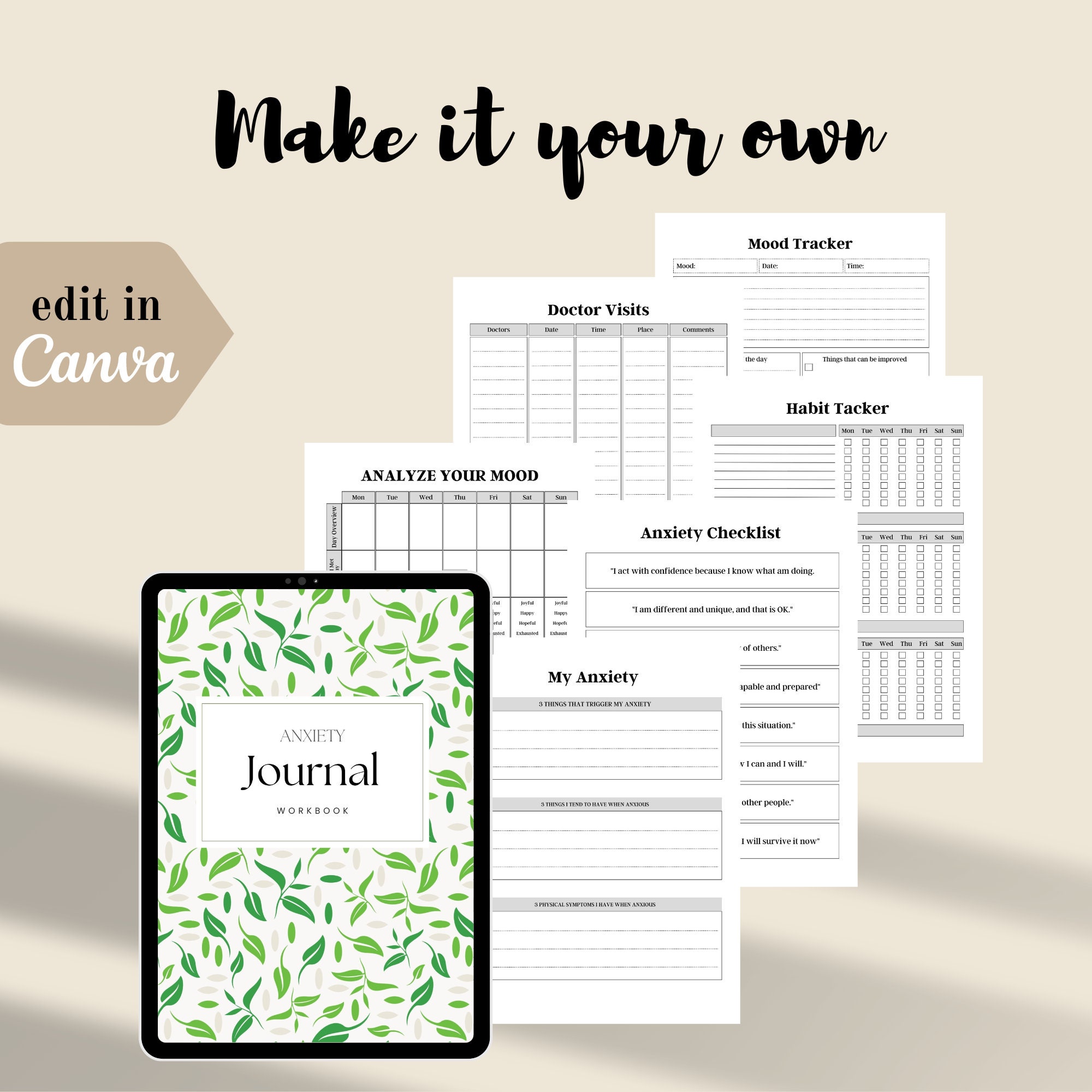 PLR Anxiety Journal Canva Template: Mental Health Worksheets ...
