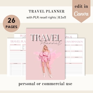 May include: A pink and white travel planner with a woman in a pink outfit on the cover. The planner has 26 pages and is 8.5x11 inches. It says "TRAVEL PLANNER" in large letters and "personal or commercial use" at the bottom.