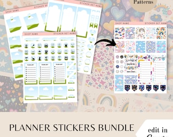 Planner sticker bundle, Canva template frames, cute rainbow pattern images, done for you stickers, editable sticker sheets, commercial use