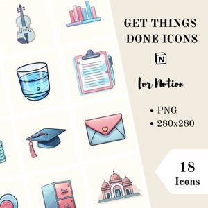 May include: Set of 18 colorful icons for Notion, featuring a violin, a bar graph, a clipboard with a pen, a glass of water, a graduation cap, an envelope with a heart, a file cabinet, a mosque, and more. The icons are designed in a cartoon style and are perfect for adding a touch of personality to your Notion workspace.