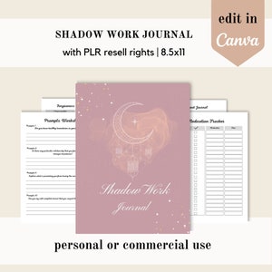 May include: A pink and white printable journal cover with a crescent moon and lanterns design. The text "Shadow Work Journal" is in the center of the cover. The journal is for personal or commercial use.