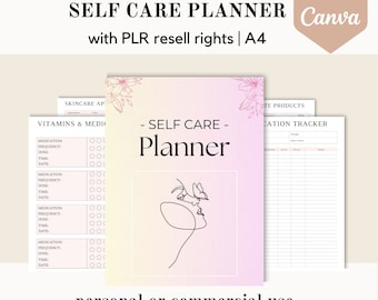 May include: A printable self-care planner with a pink and yellow gradient background. The planner includes sections for skincare, vitamins and medication, and a meal tracker. The text "Self Care Planner" is at the top of the page.
