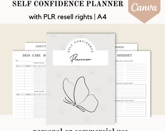 May include: A printable self-confidence planner with a butterfly design. The planner includes sections for skin care routines, mindset, and happiness. The text "SELF CONFIDENCE PLANNER" is at the top of the page. The text "Planner" is inside a circle with the words "SELF CONFIDENCE" around it. The text "edit in Canva" is in a rectangle at the top right corner of the page. The text "personal or commercial use" is at the bottom of the page.