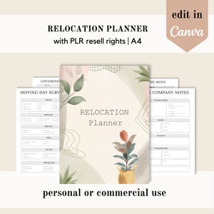 Puede incluir: Un planificador de mudanzas imprimible con un fondo de acuarela que presenta una planta en una maceta. El planificador incluye secciones para las tareas del día de la mudanza, notas de la empresa y fechas programadas. El texto "RELOCATION PLANNER" está en el centro de la página. El texto "uso personal o comercial" está en la parte inferior de la página.