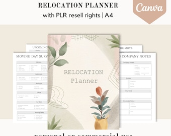 PLR Relocation planner, Canva template, moving out planner, editable new house template organizer, done for you, commercial use resell right