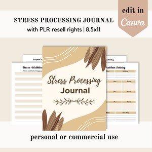 May include: A printable journal with a brown and beige color scheme. The cover features the text "Stress Processing Journal" with a decorative floral design. The journal is designed for personal or commercial use and is available in 8.5x11 inch size.