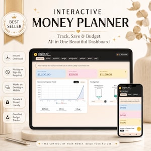 May include: An interactive money planner displayed on a tablet and smartphone screen, featuring a dashboard with income, expense, and savings tracking. The interface includes charts, data fields, and the text Ledger & Jar, Interactive Money Planner.