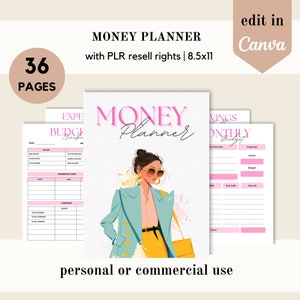May include: A printable money planner with 36 pages. The cover features a stylized illustration of a woman wearing sunglasses and a blue jacket. The text "MONEY PLANNER" is in pink and white letters. The text "edit in Canva" is in white letters on a pink background.