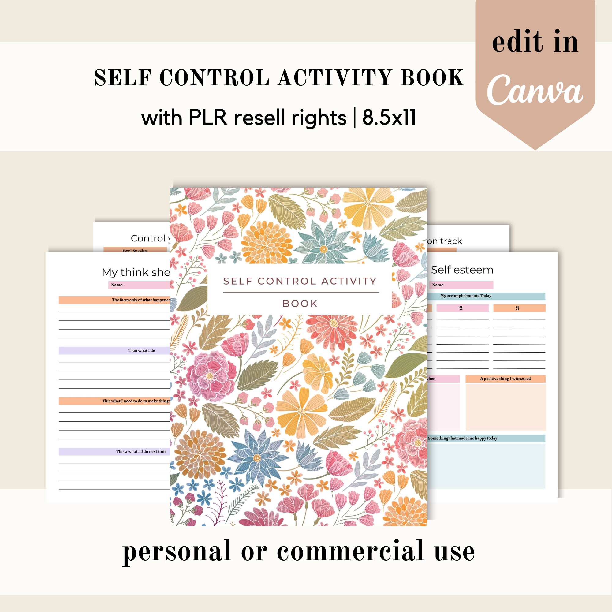 PLR Self Control Activity Book, Canva Template, Self Esteem PLR Planner ...