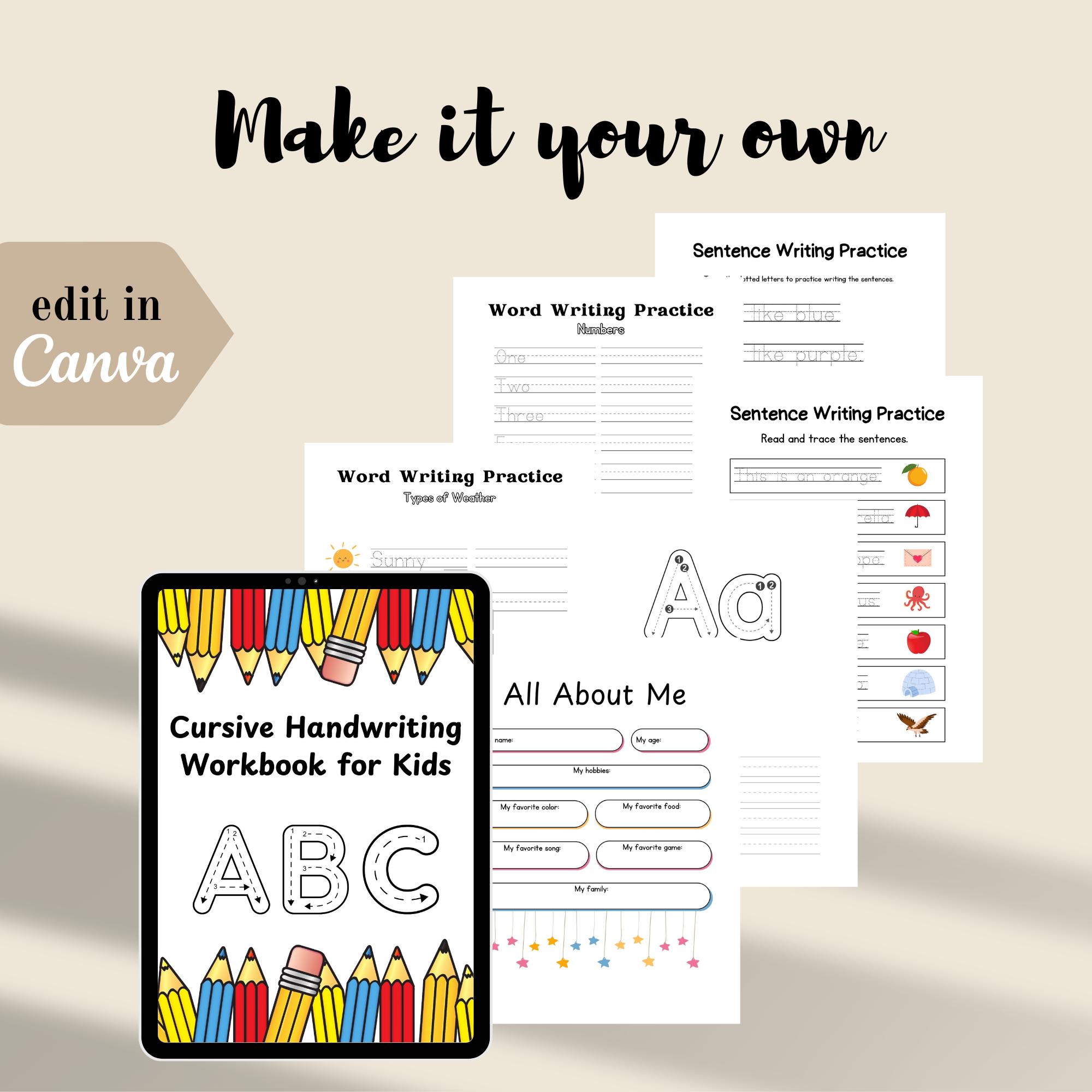 PLR Kids Cursive Handwriting Workbook, Canva Template, Education PLR ...