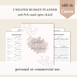 May include: A printable budget planner with a pink and white watercolour background. The planner includes sections for account tracking, monthly budget, and expense tracking. The text "Undated budget planner" is written in a handwritten font.