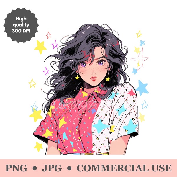 Anime girl wearing star shirt PNG clipart, 80s anime woman image JPG, kawaii illustration, girl surrounded by stars picture, commercial use
