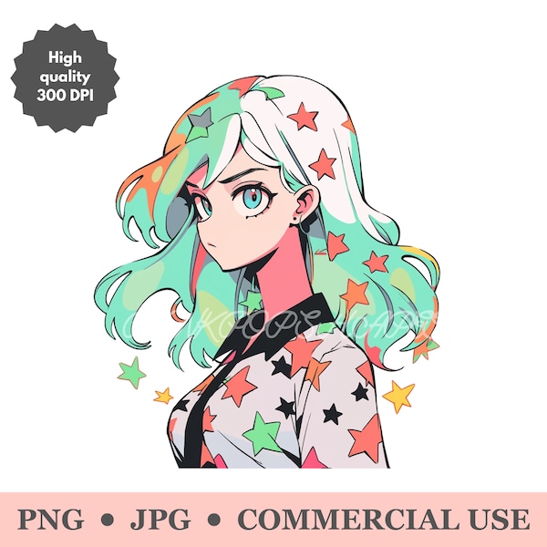 Anime girl with green hair PNG clipart, 80s anime woman image JPG, kawaii illustration, girl surrounded by stars picture, t-shirt design