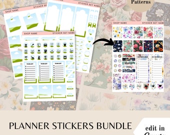 Planner sticker bundle flowers, Canva template frames, florals pattern images, done for you stickers, editable sticker sheet, commercial use