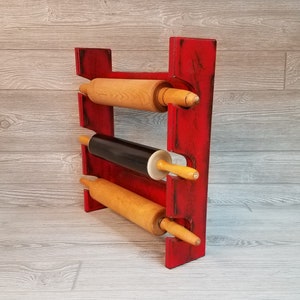 Antique Red Rolling Pin Rack with Three Slots – Red Rolling Pin Rack - Rolling Pin Holder - Rolling Pin Storage - Country Red Décor