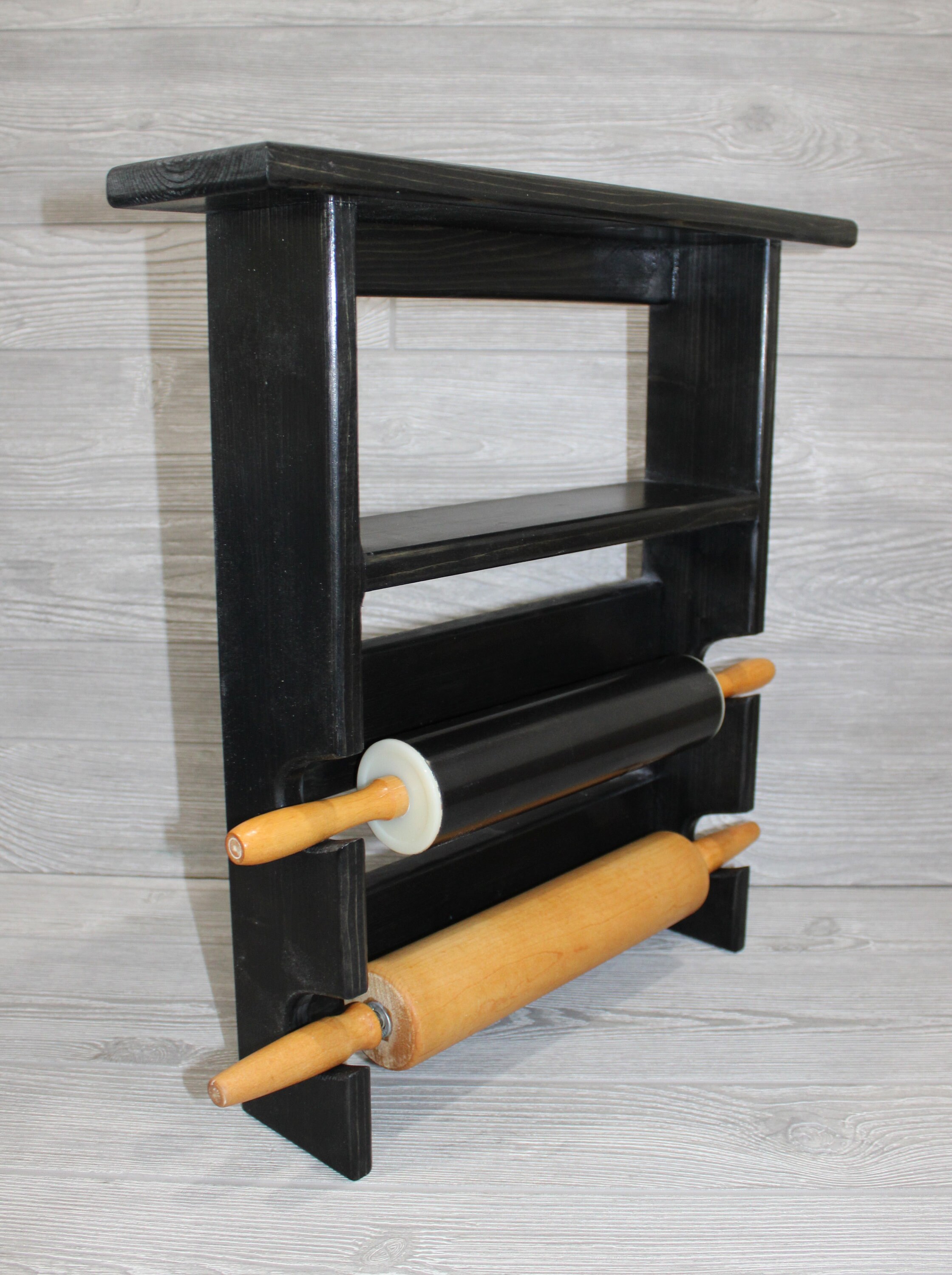 Black Rolling Pin Rack With Double Shelves - Multiple Rolling Pin Rack ...