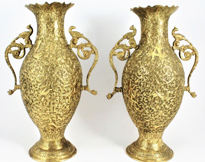 2 Bronze Mantle Vase with Peacock Handles Antique Aged Patina Etsy