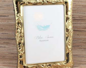 Gold Photo Frame, Fits 5 x 7 Picture, Repousse Design 9 x 7 Frame, Free Standing Wedding Photo Frame, Traditional Gift for Grandmother