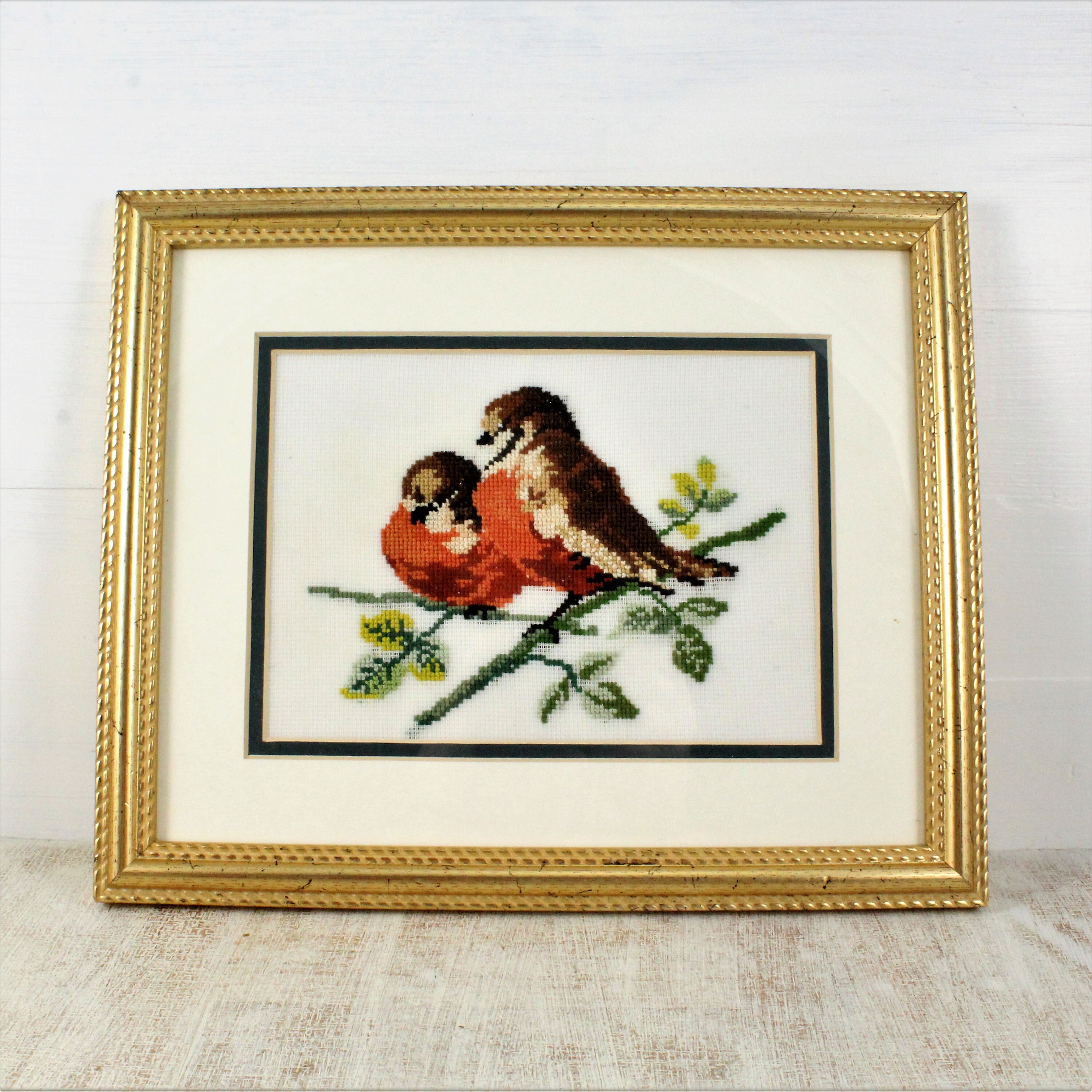 Framed Needlepoint Birds Handmade Baby Robins Wall Art Gold Etsy