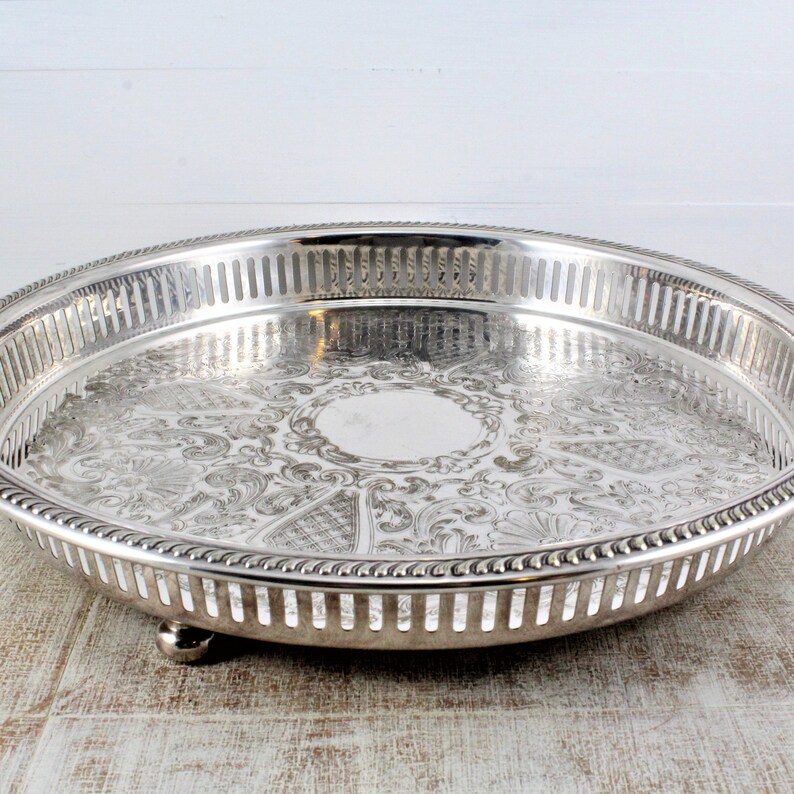 13 Round Silver Tray Raised edge ball feet Serving or Etsy