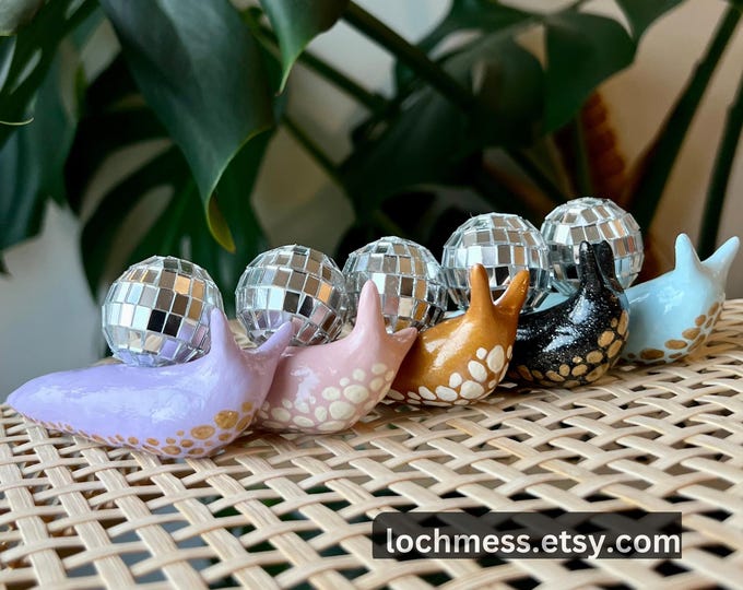 Handmade Disco Ball Snail Figurine: Hand-Sculpted and Painted