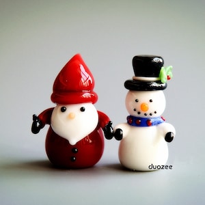 Fairy Garden Miniatures, Christmas Miniatures, Handmade Lampwork Glass Miniature Santa and Snowman Figurine, Santa Figure, Snowman Miniature
