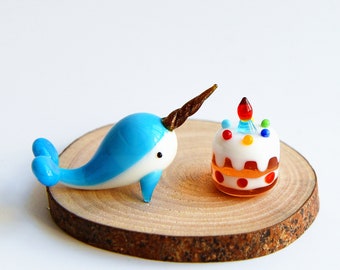 2" Long Lampwork Glass Narwhal Figurine, Miniature Narwhal Figure, Unicorn of the Sea, Narwhal Cake Topper, Narwhal Birthday Cake