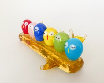 Handmade Lampwork Glass Miniature Birds on Branch, Rainbow birds