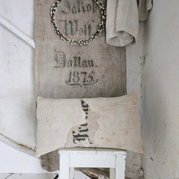 48 x 27 cm linen cushion HASE with writing Fr 28472ML made from antique linen sack farmhouse pillow old grainsack