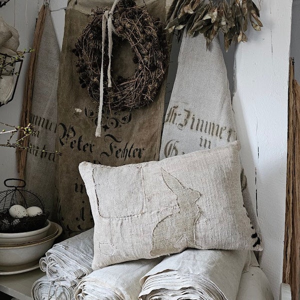 48 x 30 cm linen pillow with patches + HASE 28545ML made from antique linen sack farmhouse pillow old grainsack