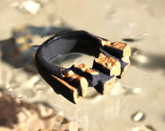 Porcelain ring "Ash & Gold" , Black ceramic ring, Avant-garde design, Unique handmade ring,  Mat ring, Biscuit porcelain, Gold, Gothic ring